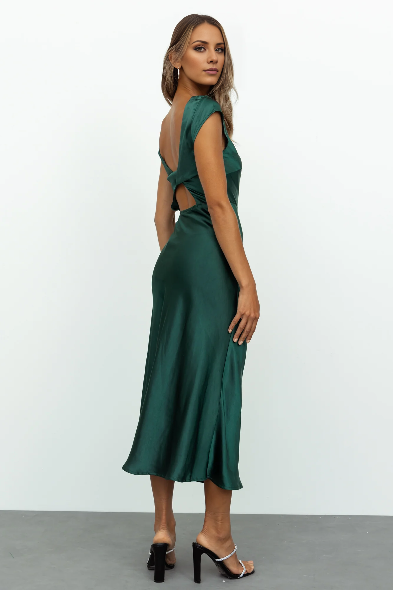 Jimiss boat neckline satin backless side slit long Prom dress