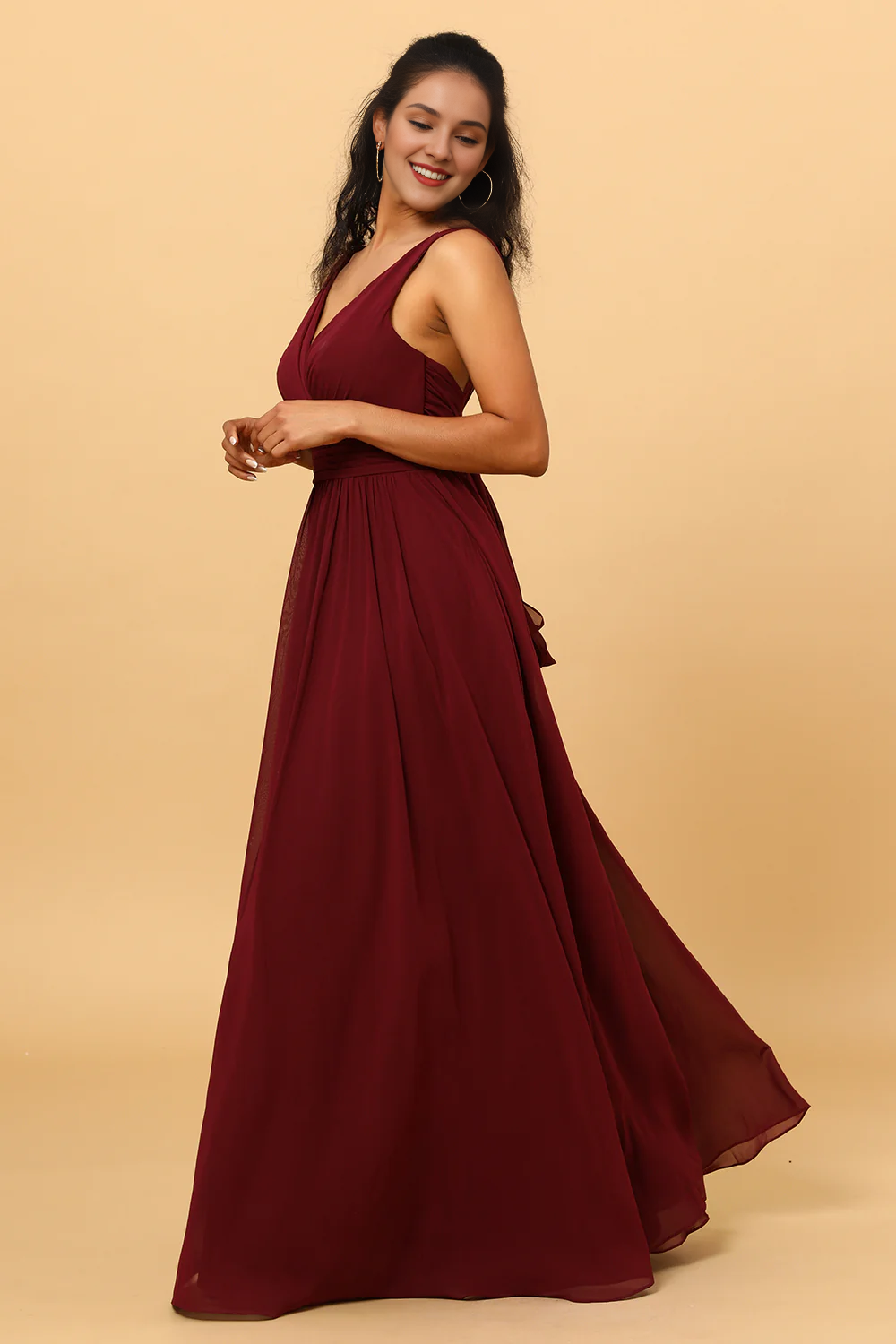 Cabernet A Line V-neck pleated and floor length chiffon bridesmaid dress