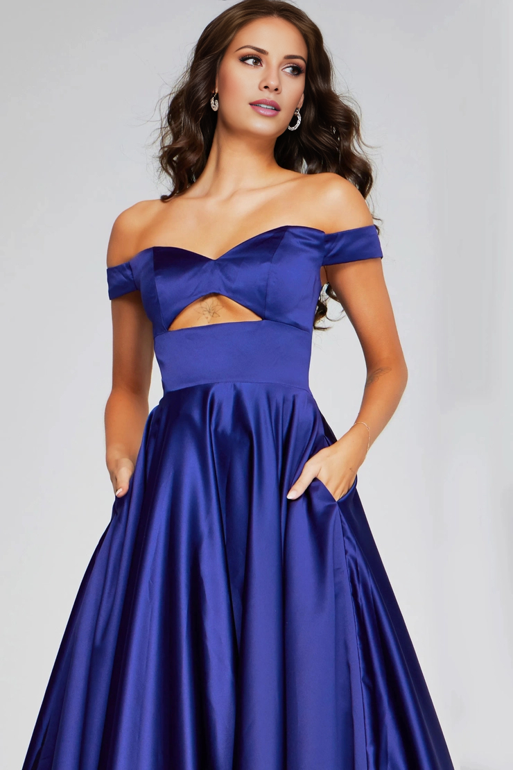 A-line off shoulder satin and floor length evening gown