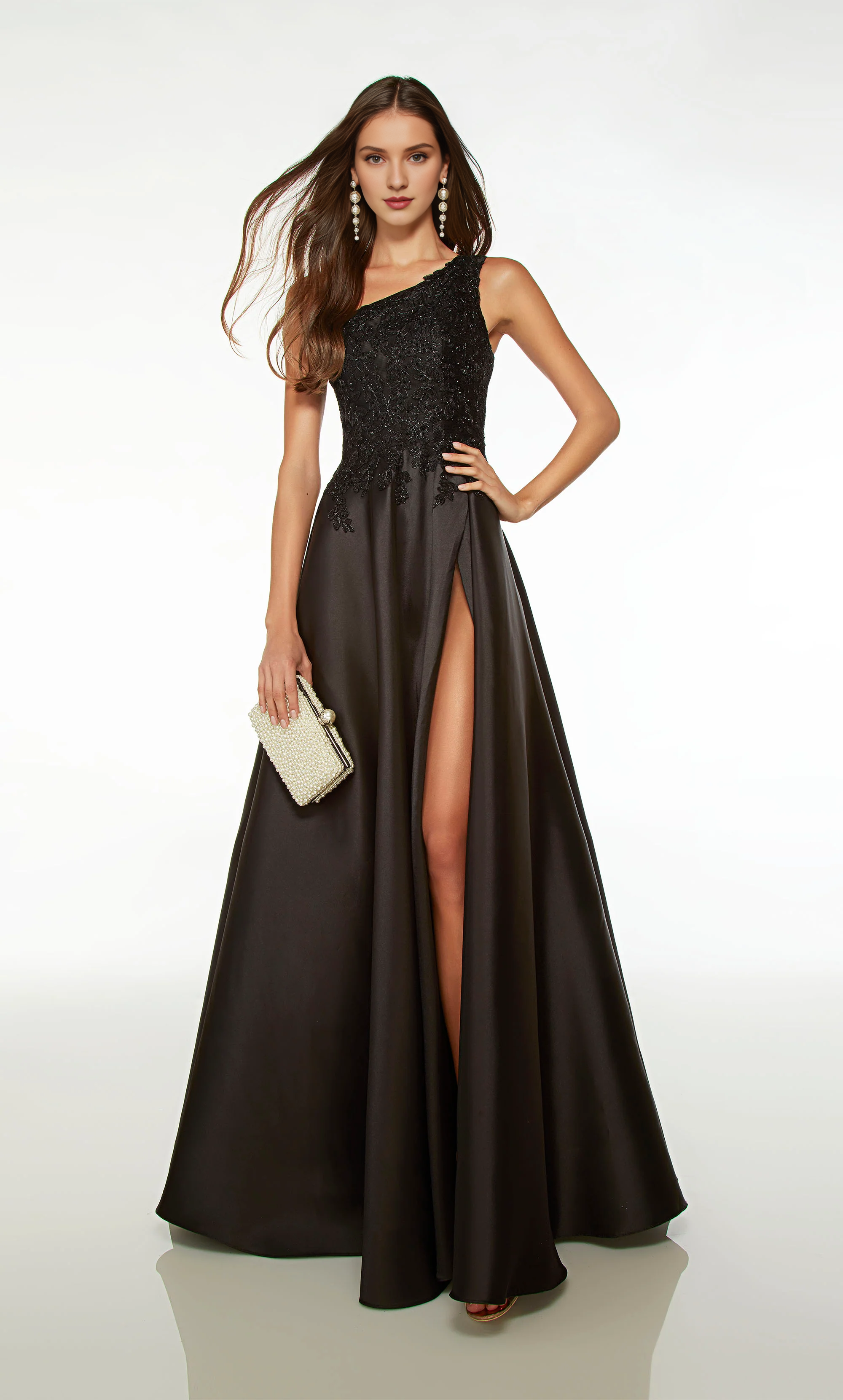 Lace One Shoulder Collar A-line Evening Dress Back Hollow High slit Long Formal Dress