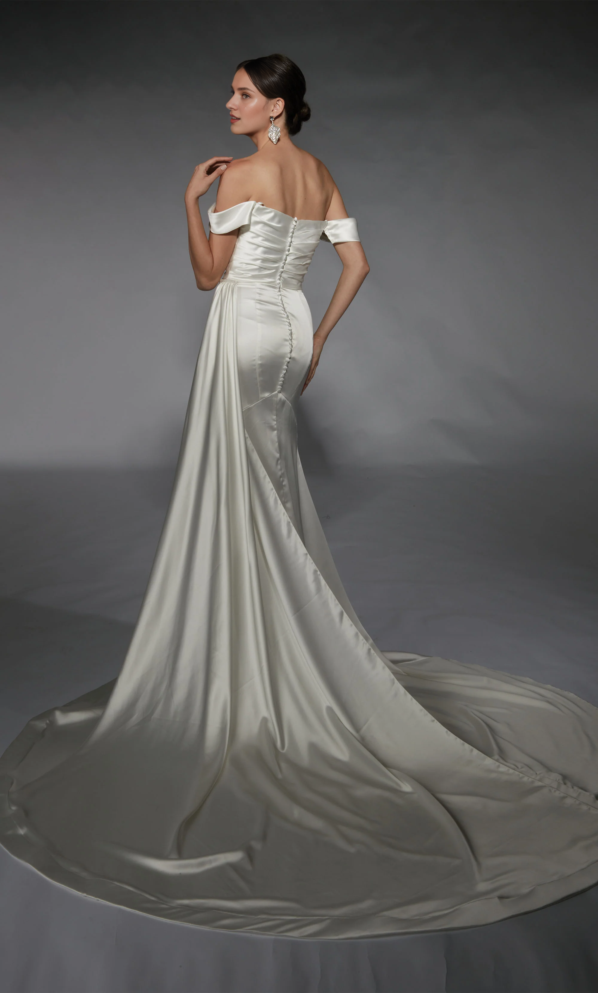 Satin off shoulder straight slit wedding dresses