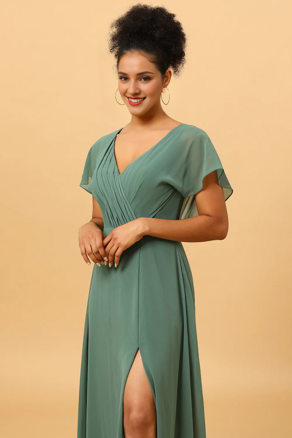 Eucalyptus A-line V-neck pleated long slit chiffon bridesmaid dress