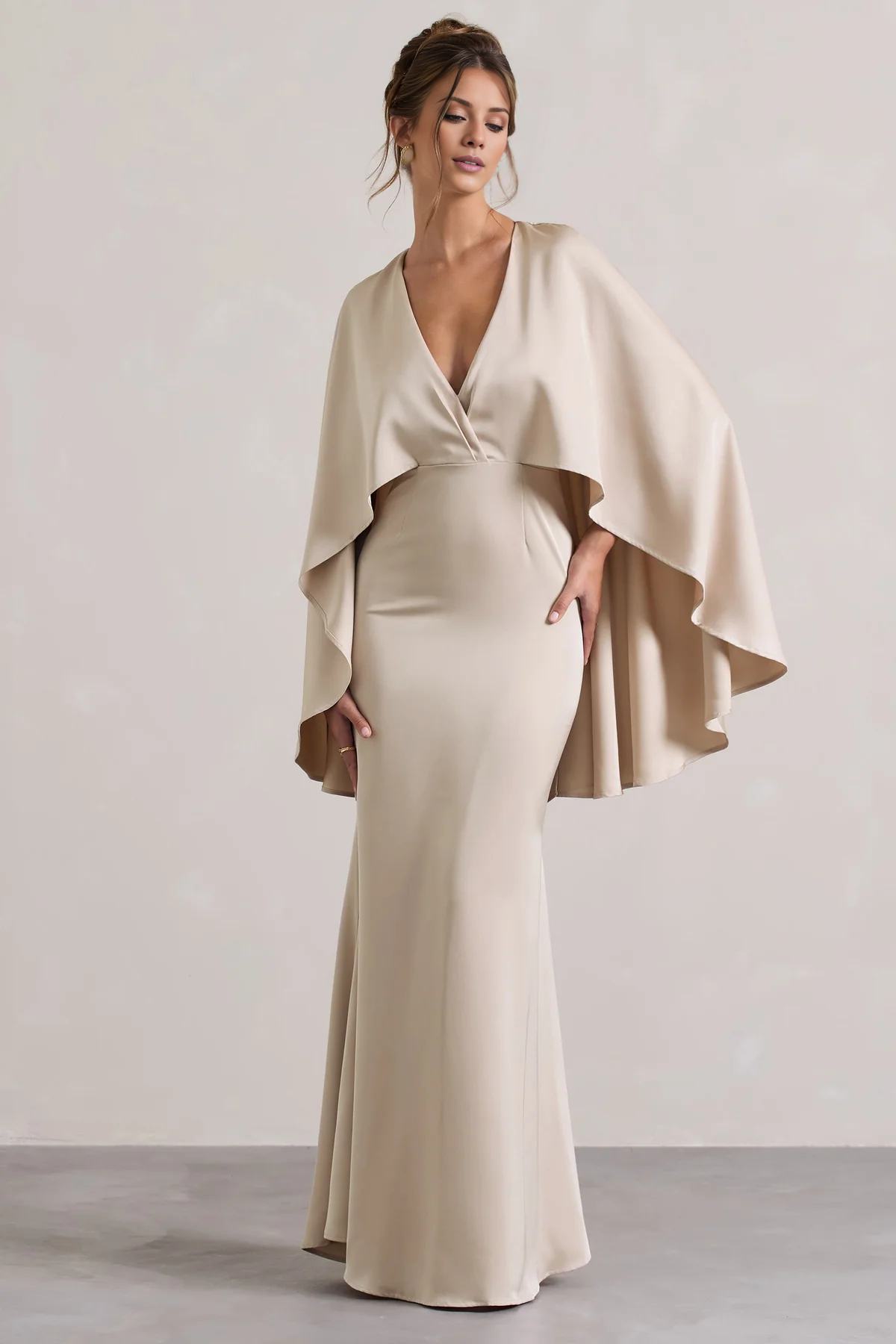 Cloak sleeves satin deep V-neck and floor length evening dress - Jimiss dress
