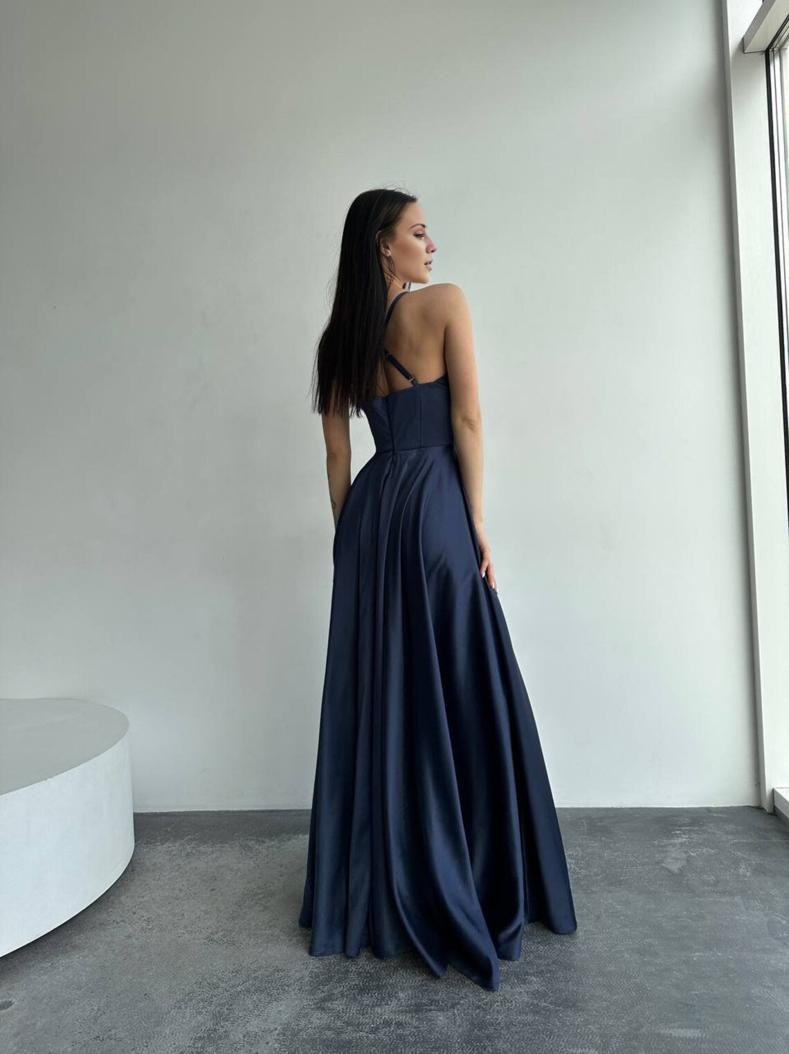 Jimiss satin thin shoulder strap with side slit and floor length evening dress