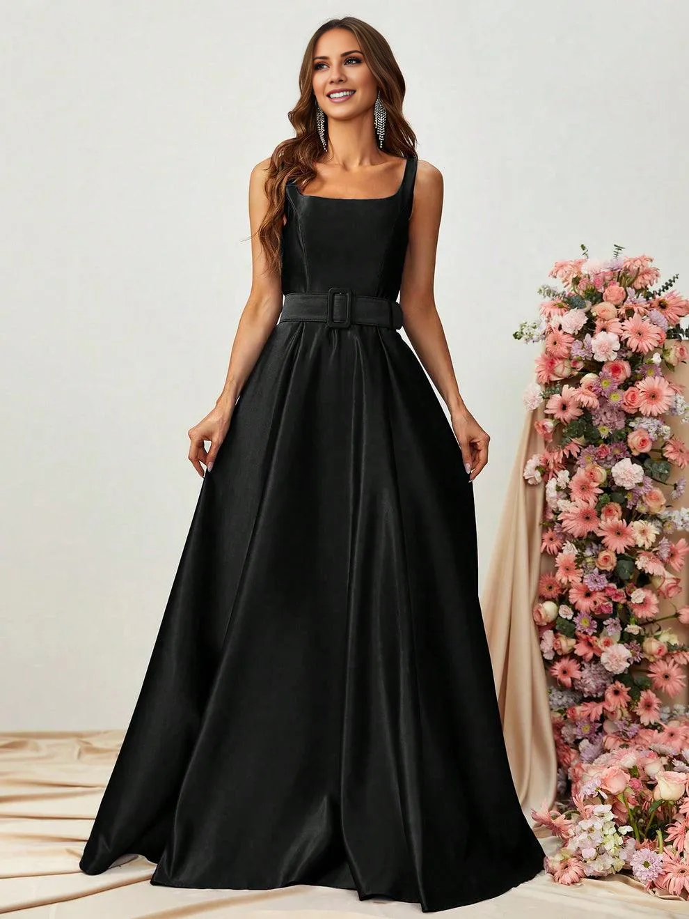 Square neck sleeveless waist belt satin and floor length formal dress