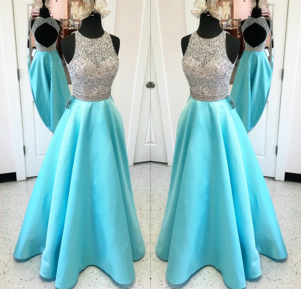 Unique Keyhole Back Long Satin Prom Dresses Ball Gowns Sequins And Beaded