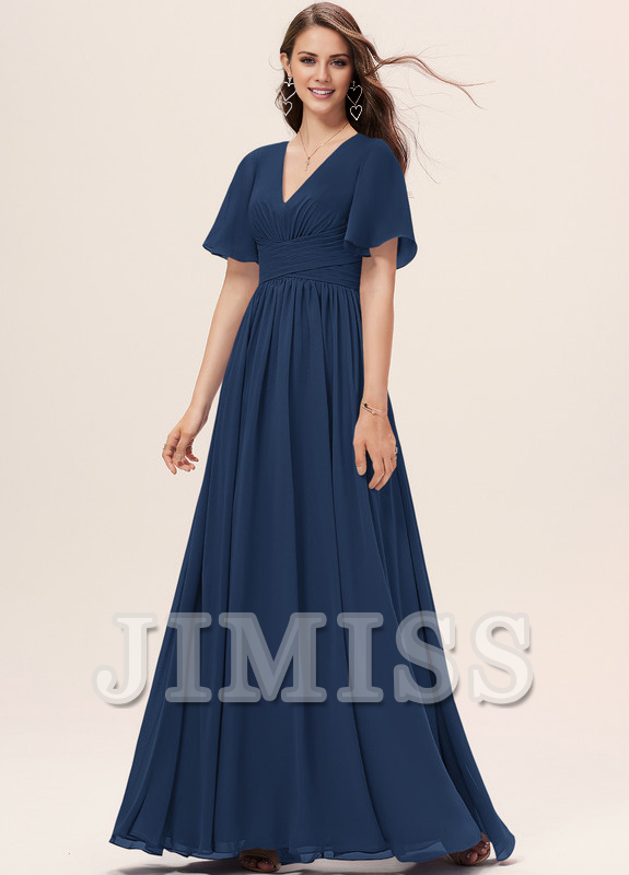 Ruffled A-line V-neck Floor-length Chiffon Bridesmaids Dress