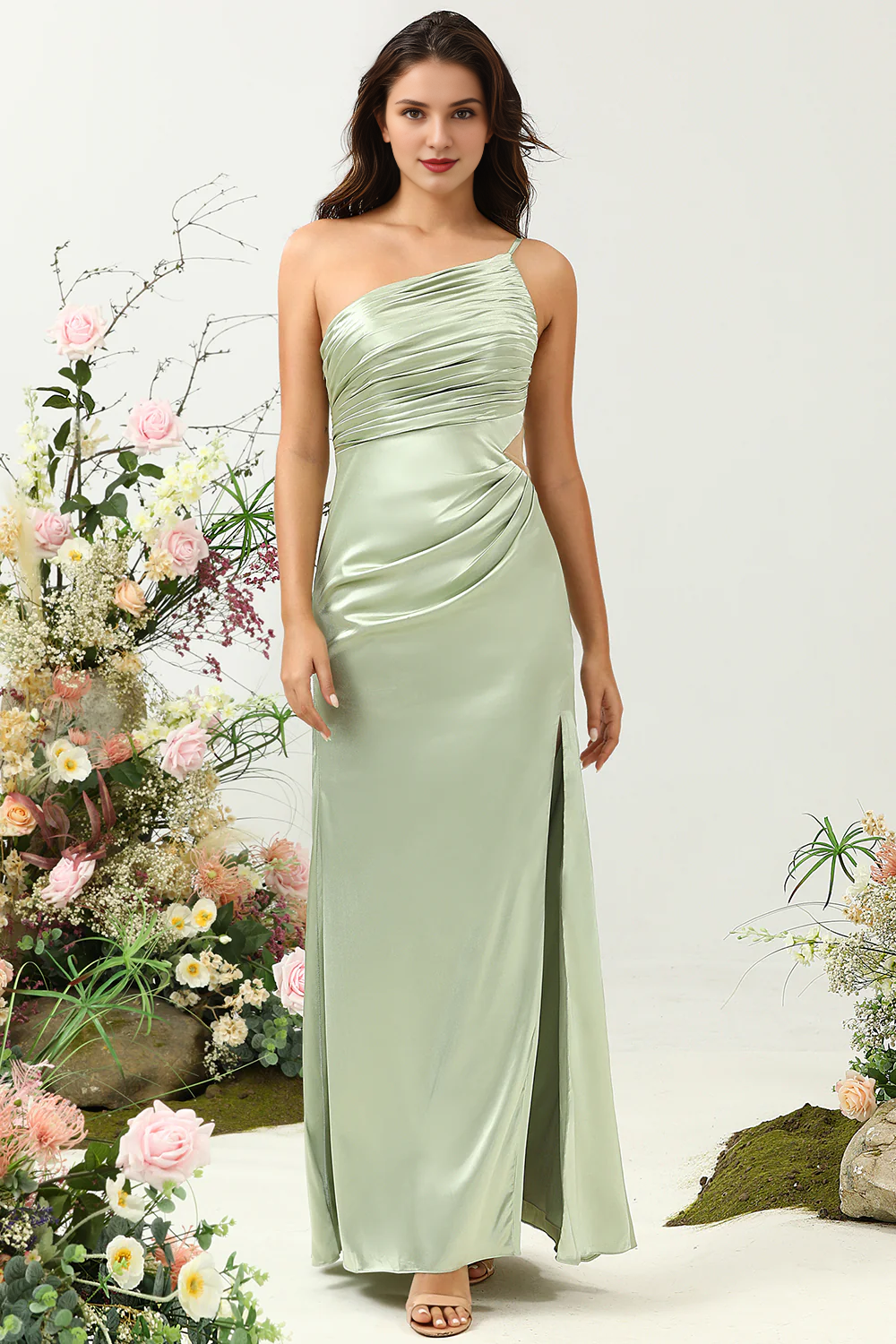 Sage A Line One Shoulder Bright Satin Split Bridesmaid Dress
