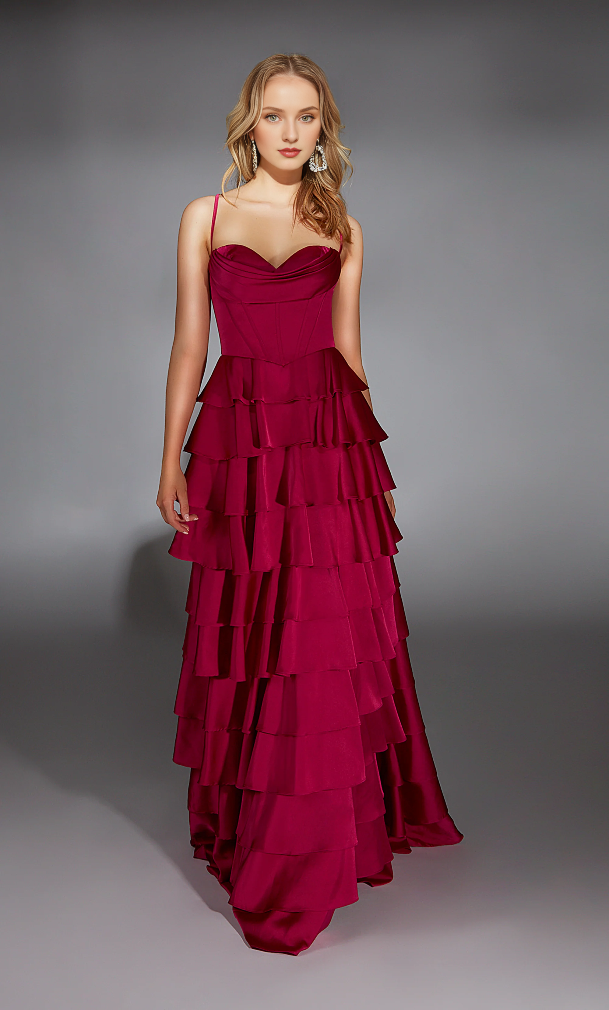 Satin chiffon evening gown high neck A-line back lace up slit tight corset long formal dress