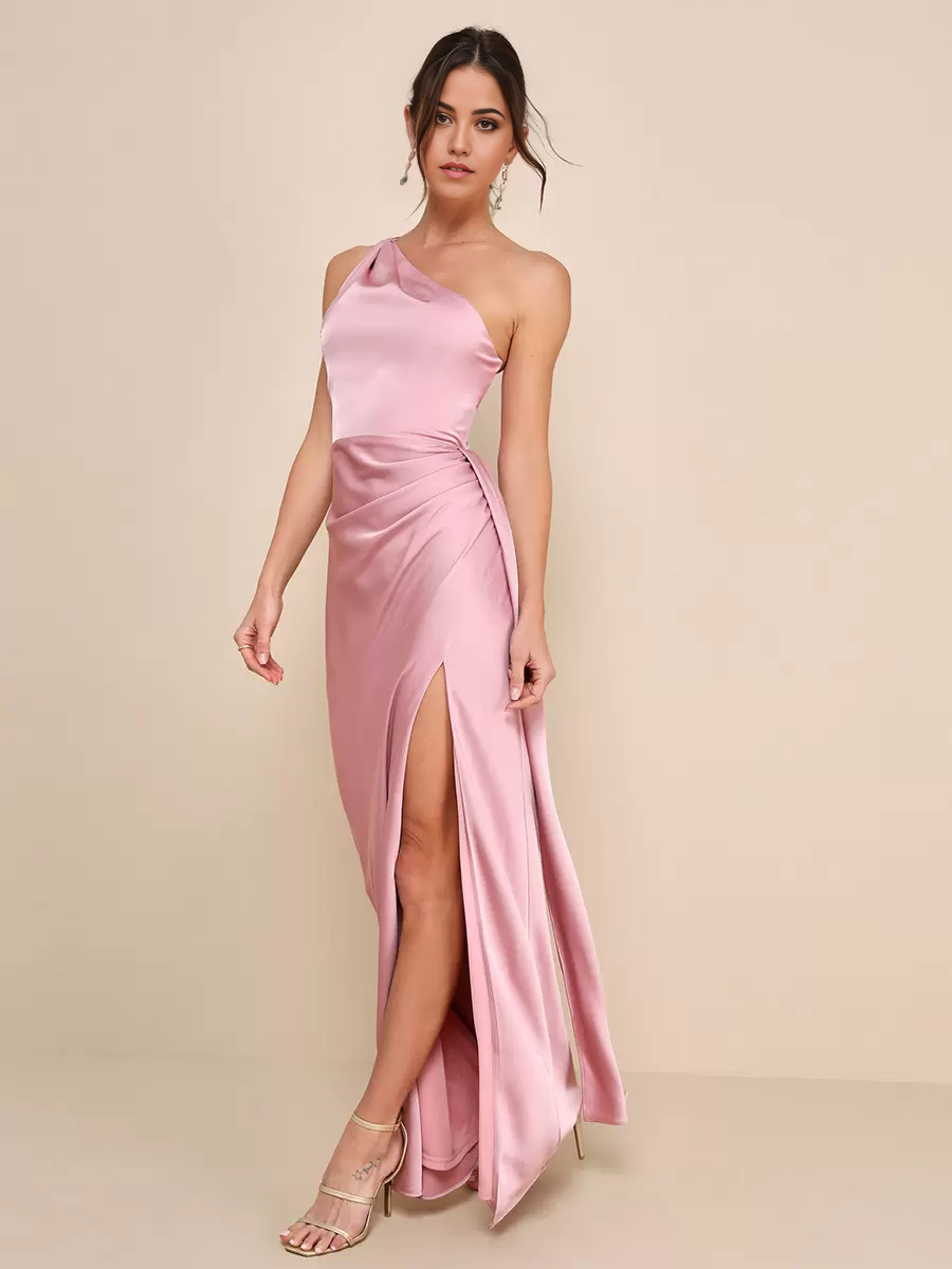 Mermaid One Shoulder Ruching formal dresses evening gown Prom Dress Bridesmaid Dresses With High Slit