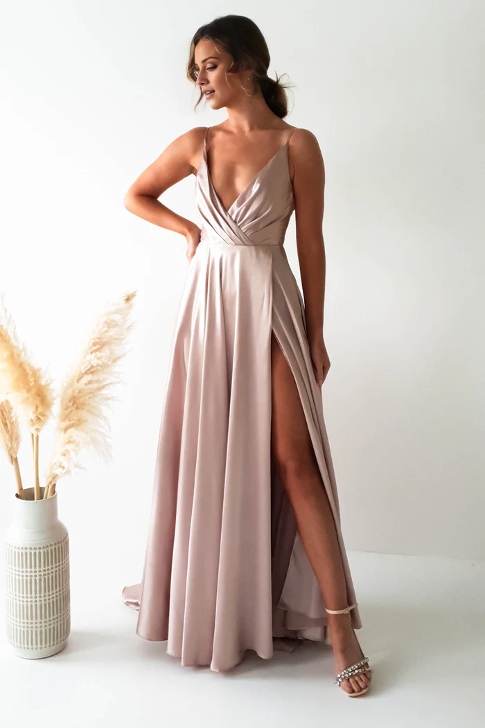 Thin shoulder strap V-neck side slit and floor length Prom dress - Jimiss Dress