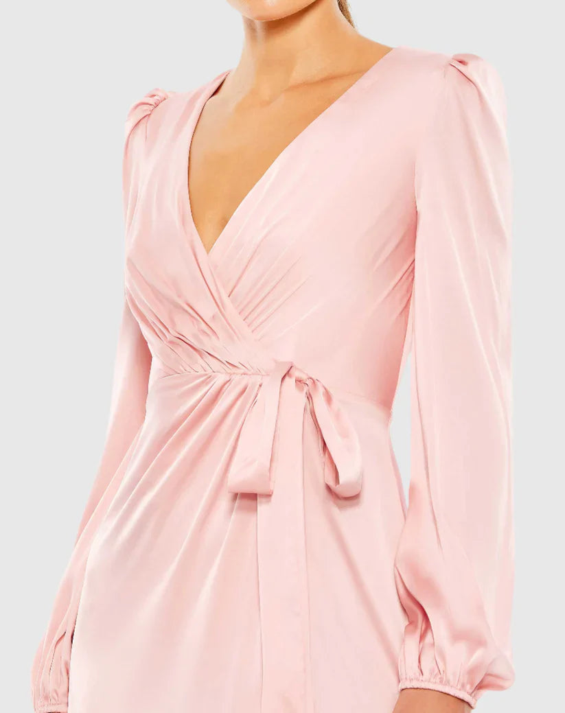 V-neck long sleeves asymmetrical skirt floor-length evening dress