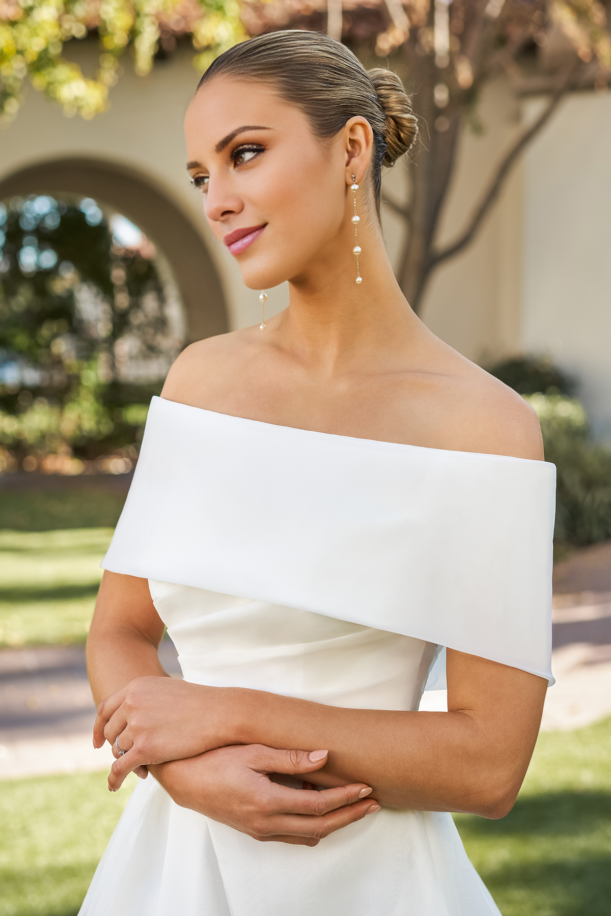 A-line off shoulder collar with side slit and floor length wedding dress
