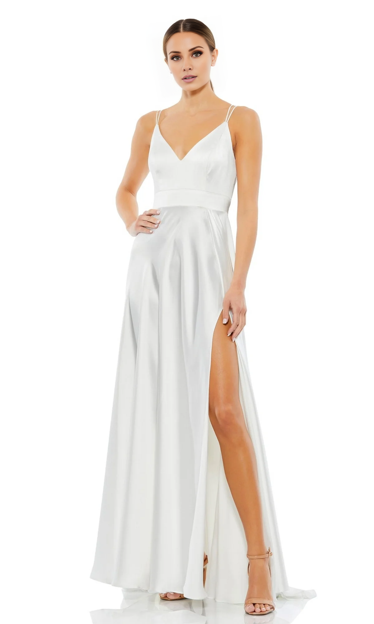 Jimiss slim shoulder strap V-neck sleeveless side slit and floor length evening dress
