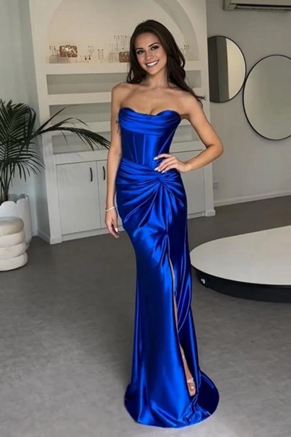 Jimiss Fashion Mermaid Off Shoulder Strap Long Satin Split Prom Dress