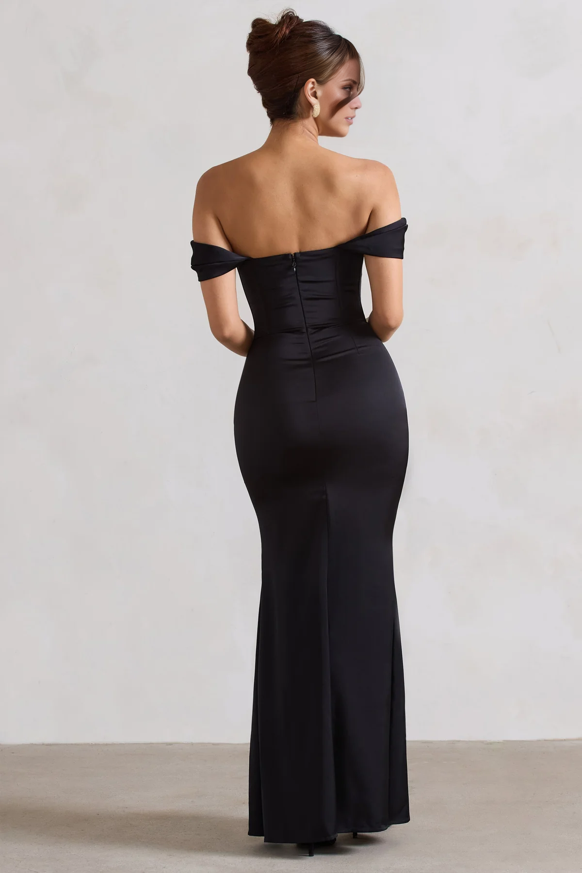 Off shoulder collar satin side slit and floor length evening dress - jimiss dress