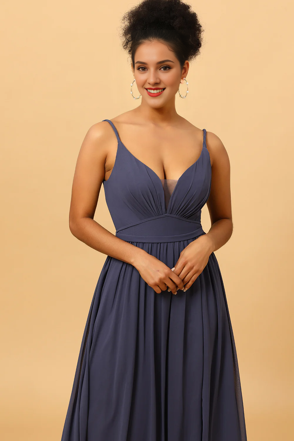 Pleated long slit chiffon bridesmaid dress