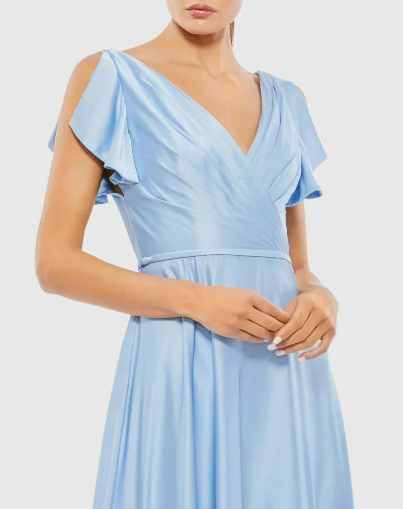 V-neck short-sleeved satin ruffle floor-length evening dress