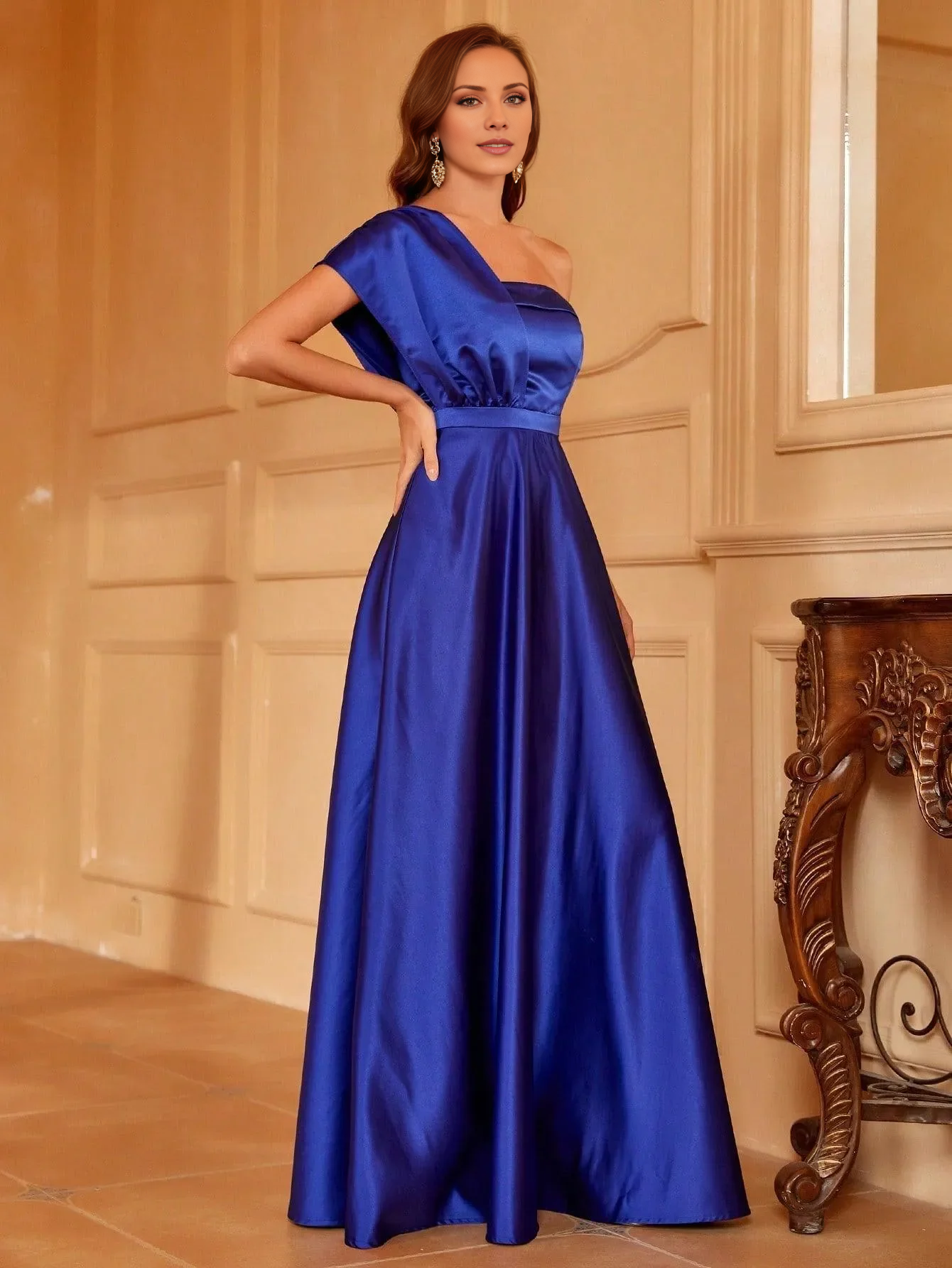 A-line shoulder sleeveless satin and floor length formal dress