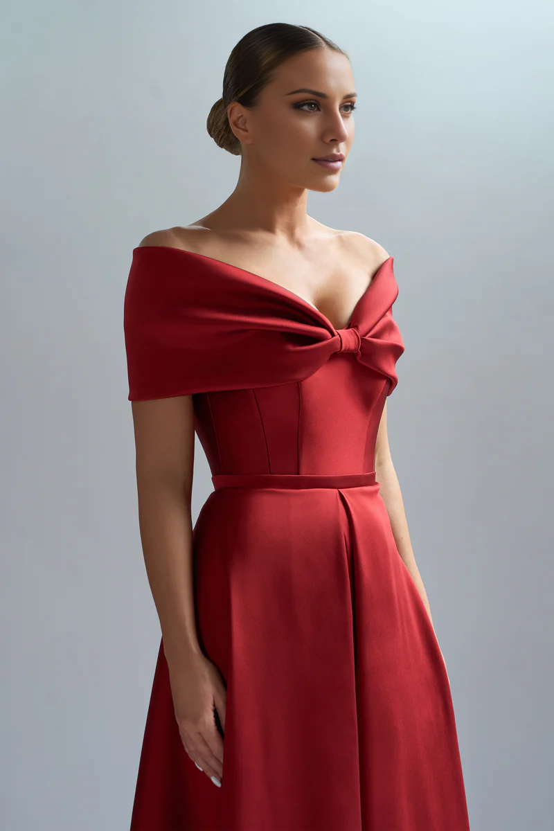 Off shoulder satin tight corset, backless and floor length evening gown