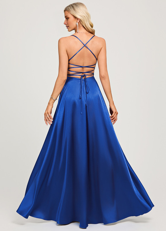 A-line V-neck floor-length pleated satin prom dress
