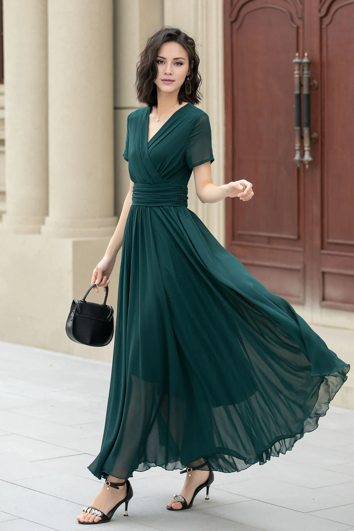 Jimiss - V-neck short sleeved chiffon flowing long Prom dress