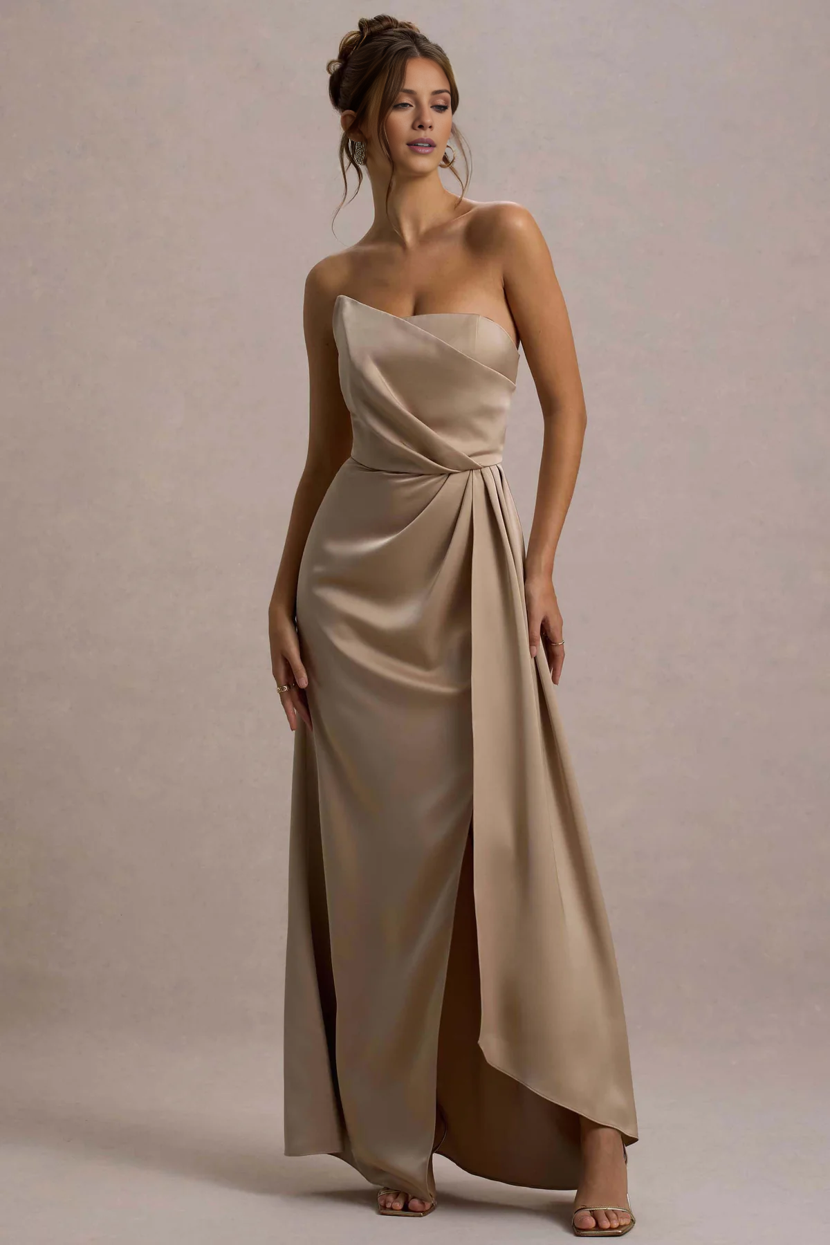 Asymmetric neckline satin strapless drape and floor length evening dress - jimiss dress