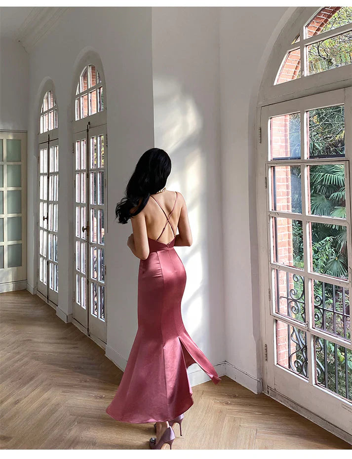 Jimiss V-neck sleeveless thin shoulder strap and floor length satin Prom dress