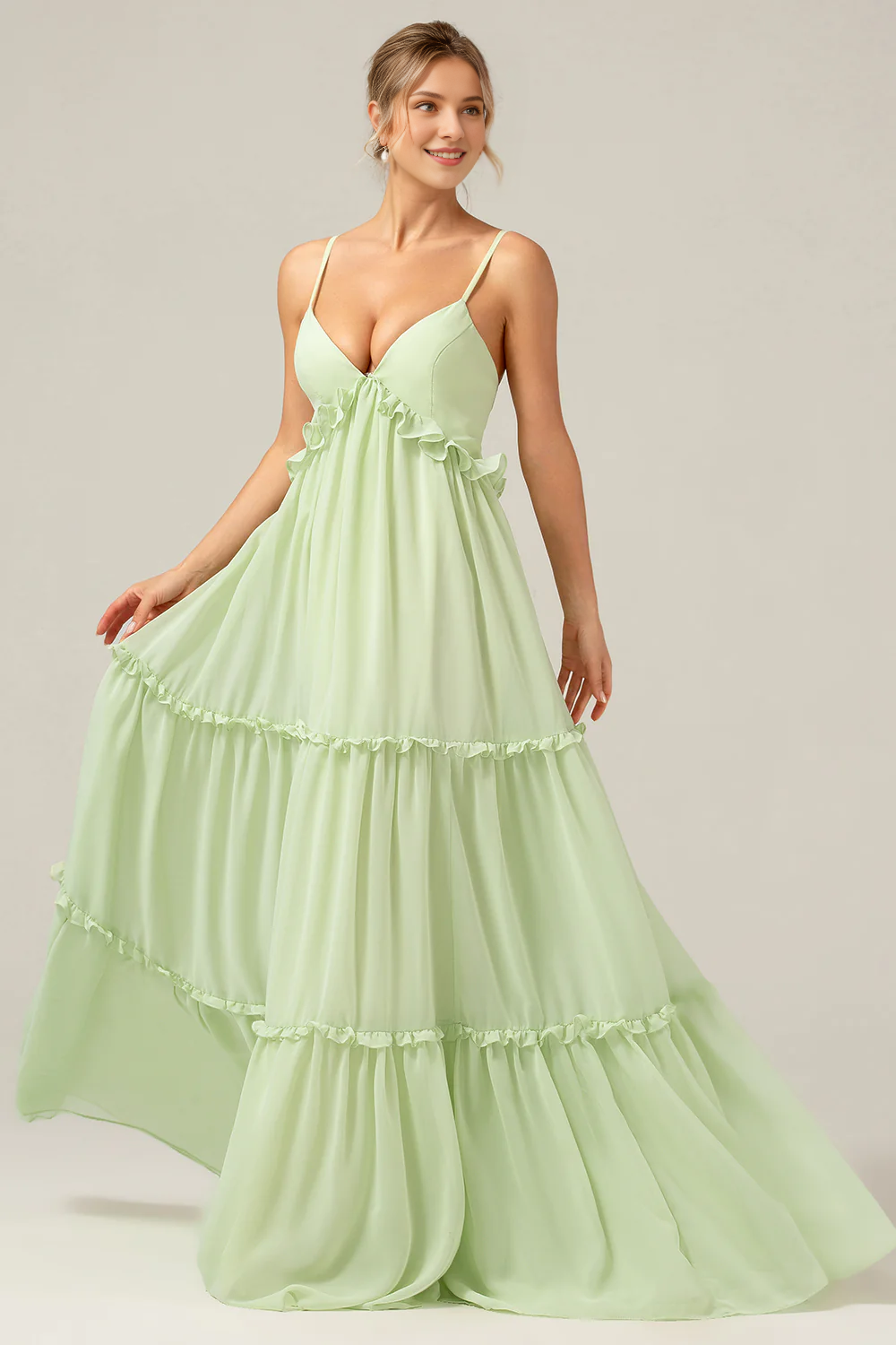 A-line thin shoulder strap backless long green ruffled bridesmaid dress