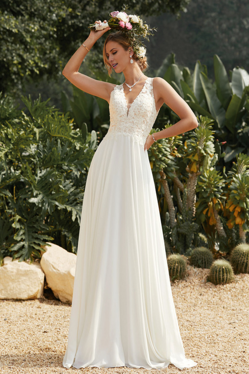 A-line V-neck sweeping trailing sleeveless lace chiffon wedding dress