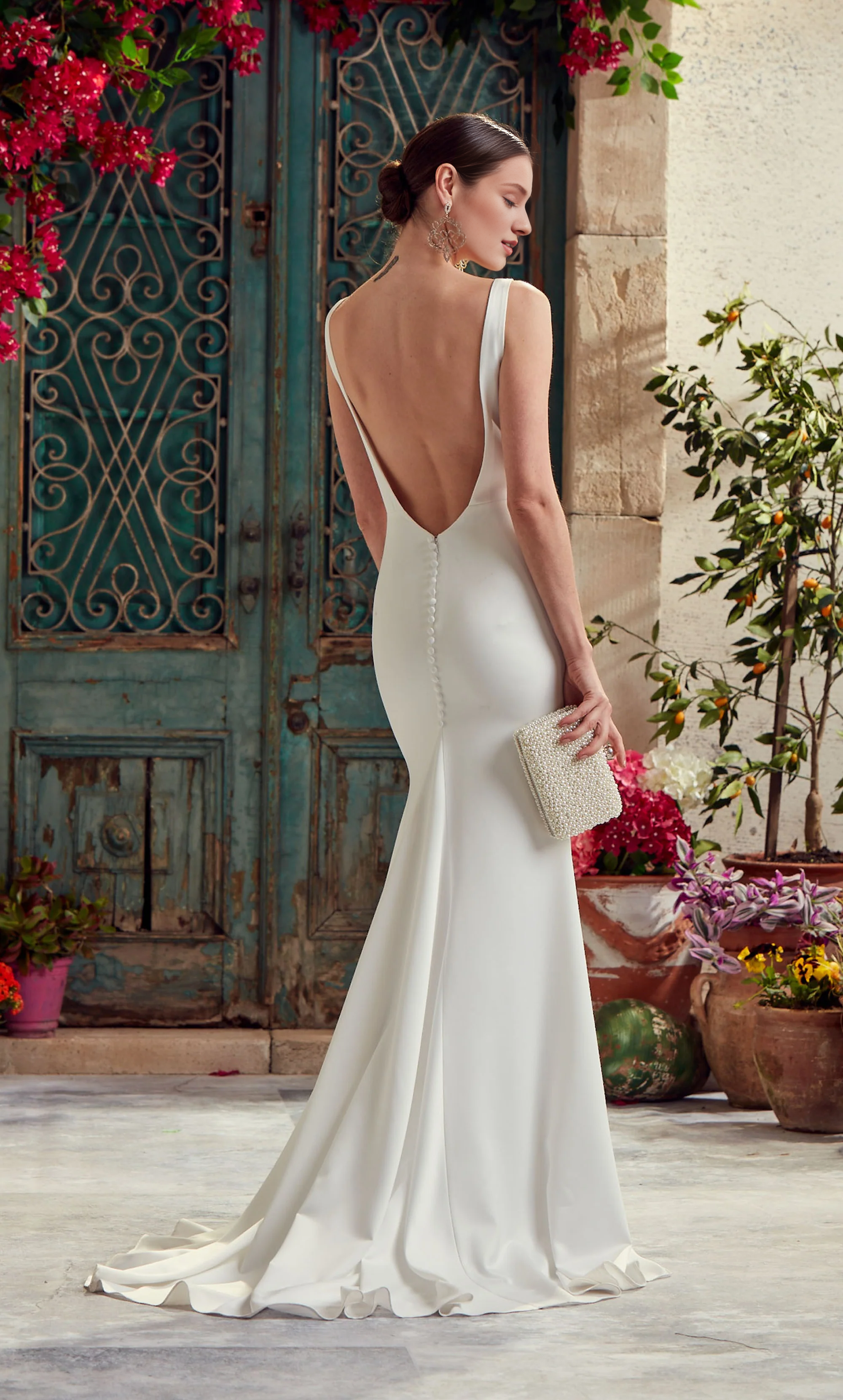 Perfect satin deep V-neck slim fit trumpet shaped backless wedding dresses