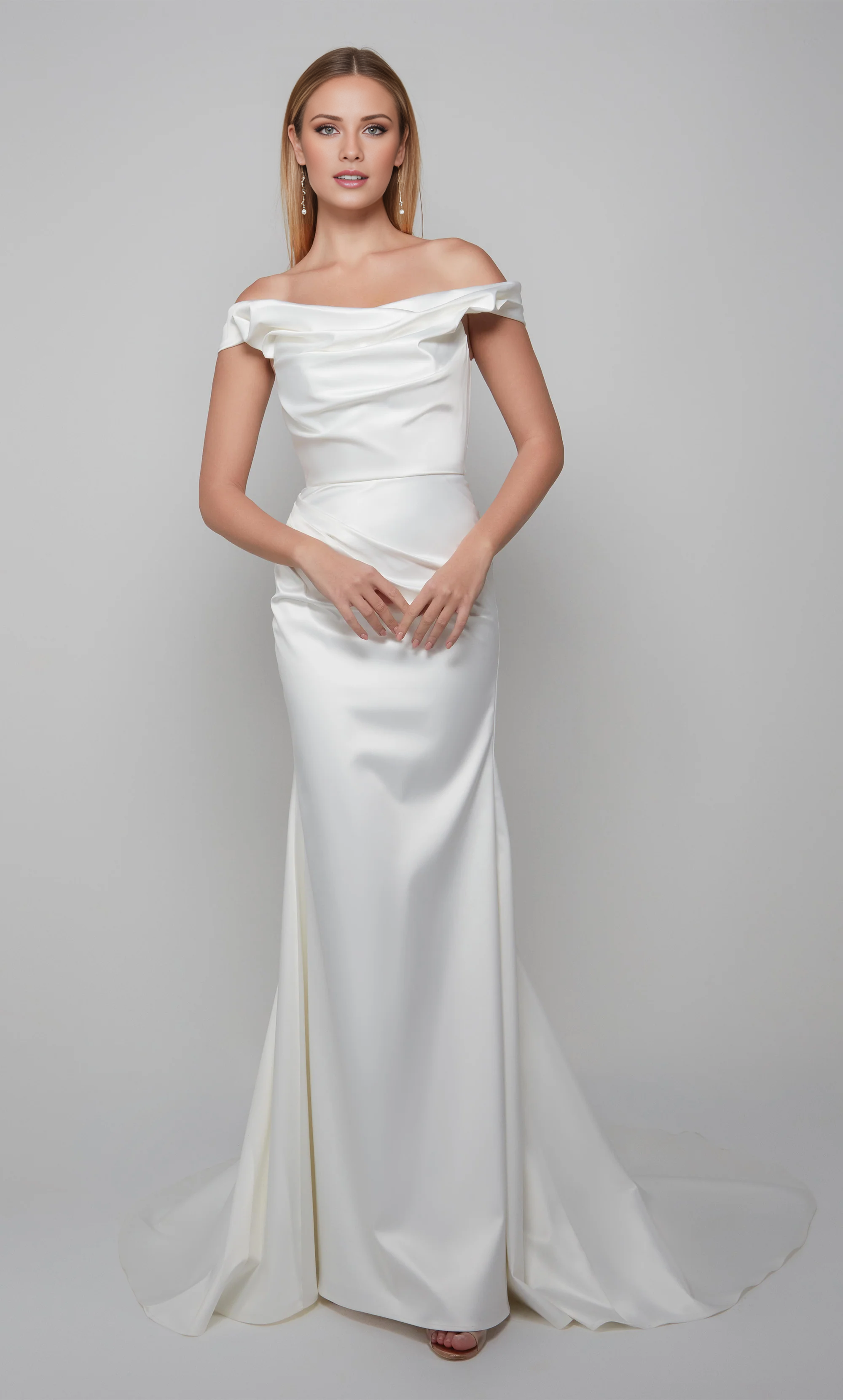 Satin off shoulder straight leg trailing and floor length wedding dresses