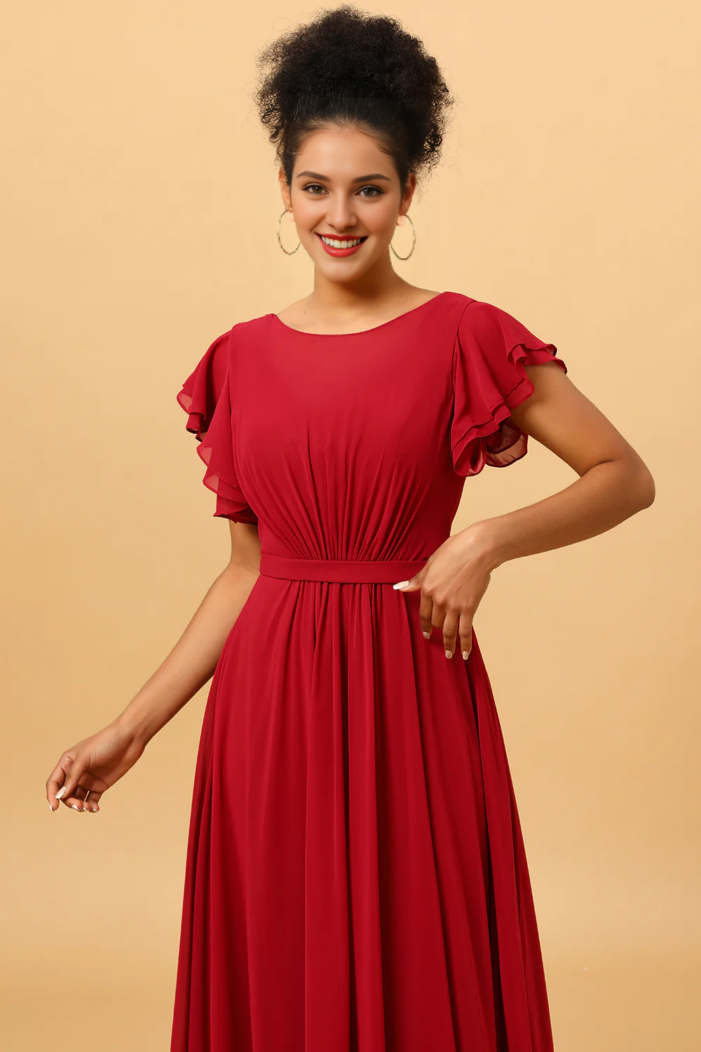 Wine red ruffled pleated long chiffon bridesmaid dress