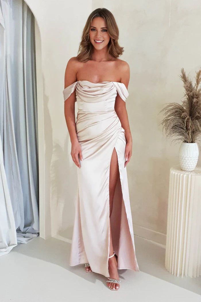 Off shoulder collar satin side slit backless and floor length Prom dress - Jimiss Dress