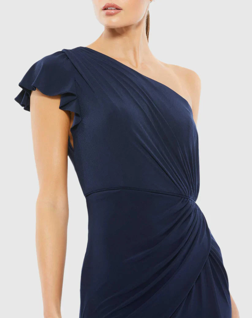One-shoulder draped ruffled floor-length evening dress