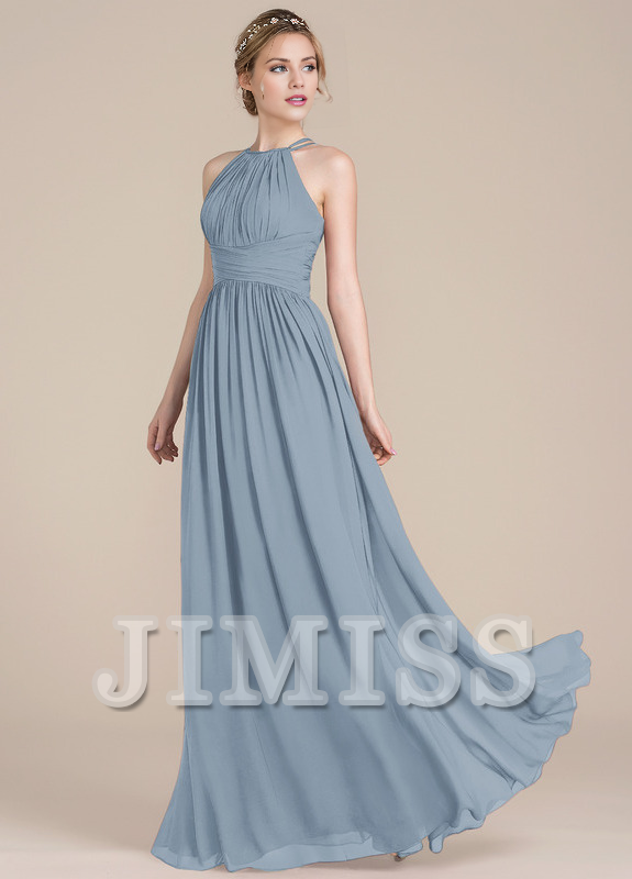 Ruffled A-line scoop neck floor-length chiffon prom dress