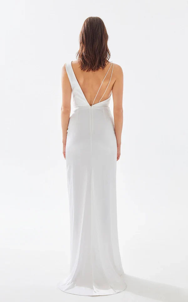 V-neck asymmetrical shoulder strap wrap and floor length evening dress