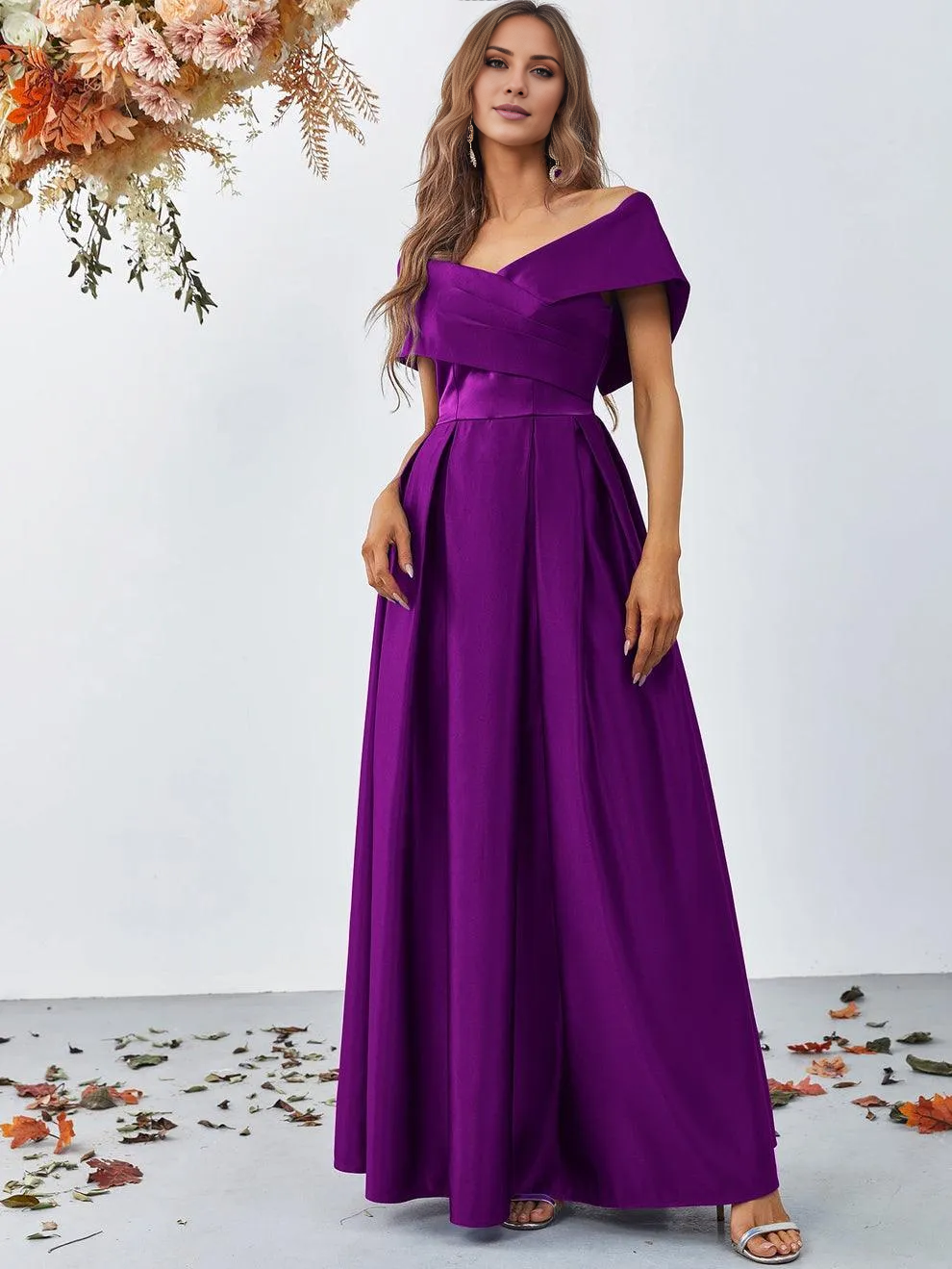 A-line off shoulder pleated detail satin and floor length formal dress