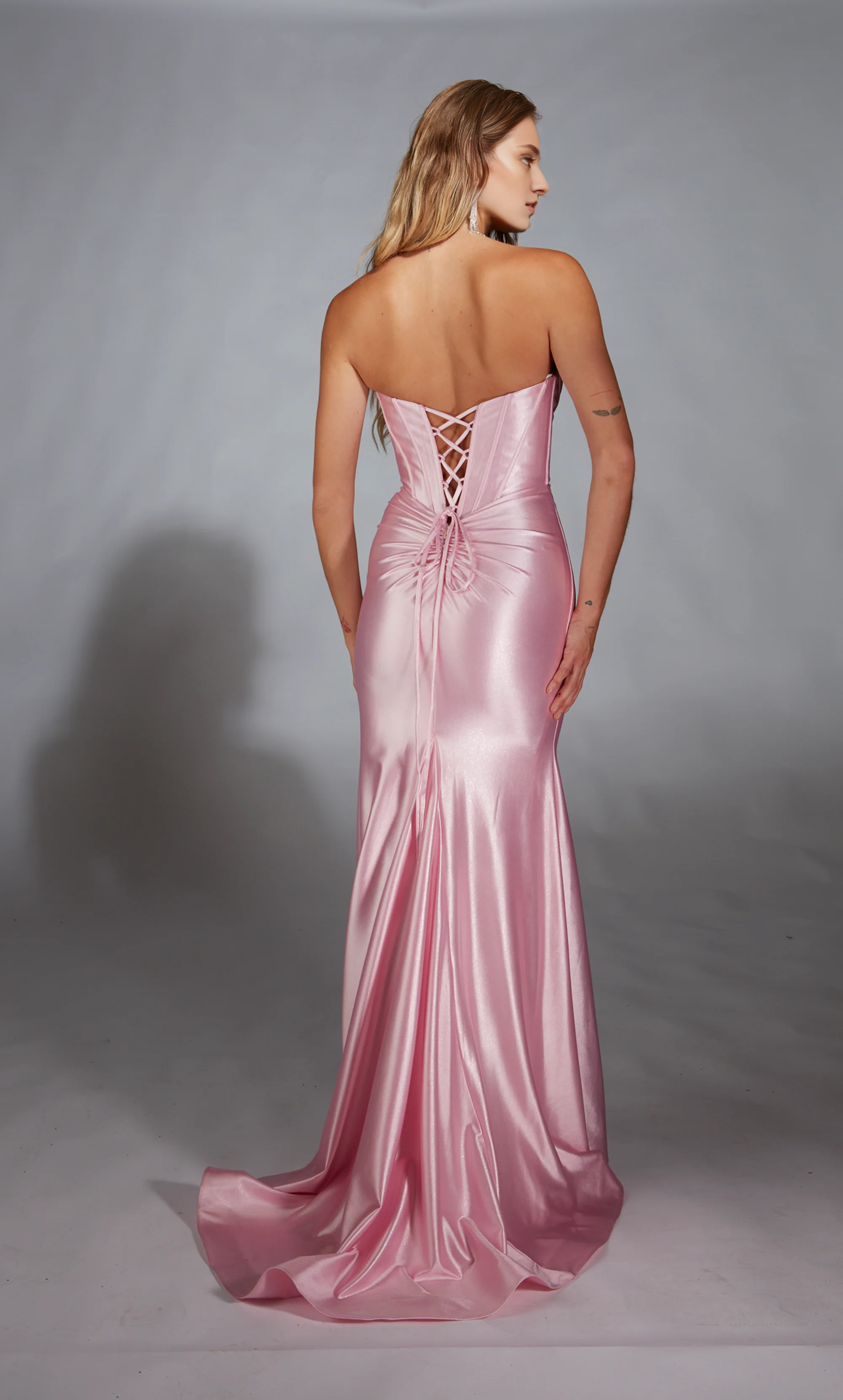 Satin strapless slim evening gown with trumpet shaped tight corset and slit long formal dress