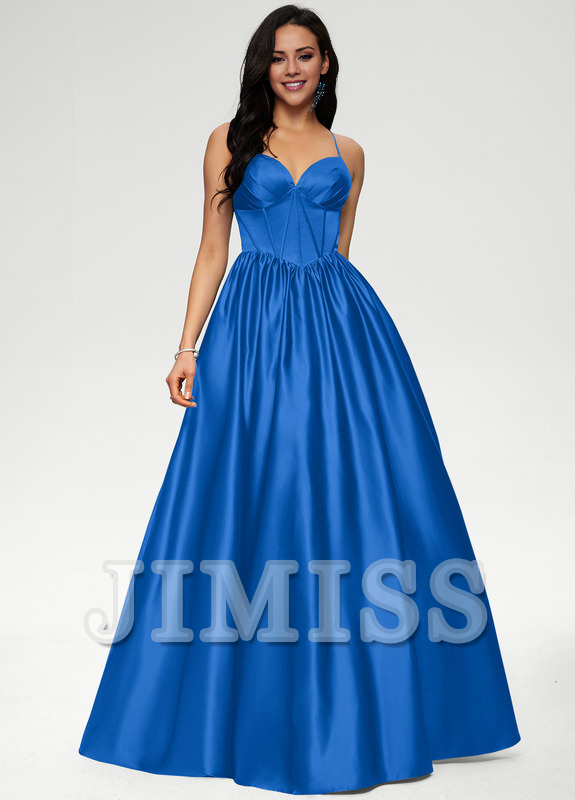 Ball-Gown/Princess V-neck pleated floor-length satin prom dress
