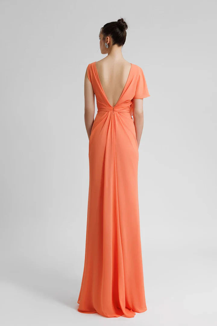 Asymmetric sleeve drape and floor length gown evening dresses