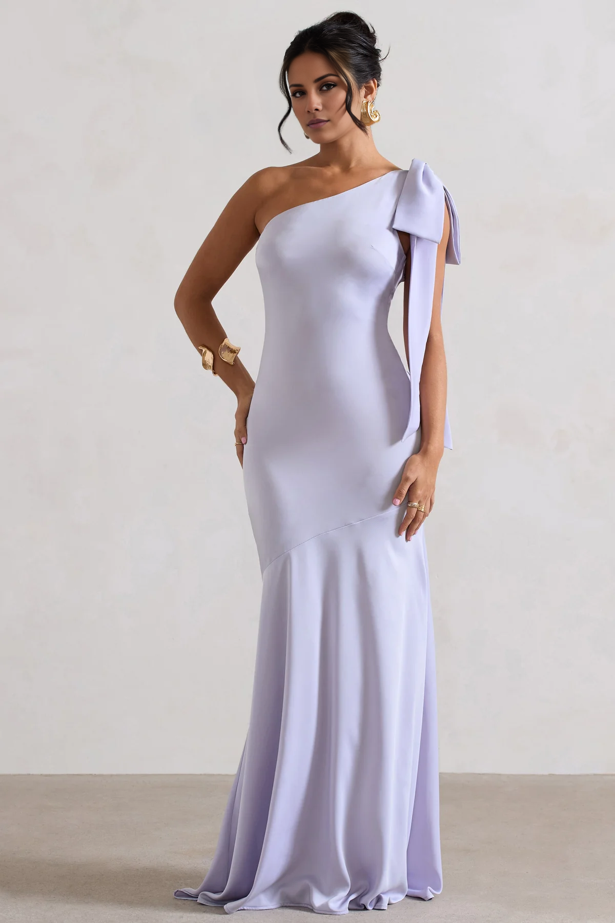 Asymmetric collar bow shoulder strap satin and floor length evening dress - Jimiss Dress