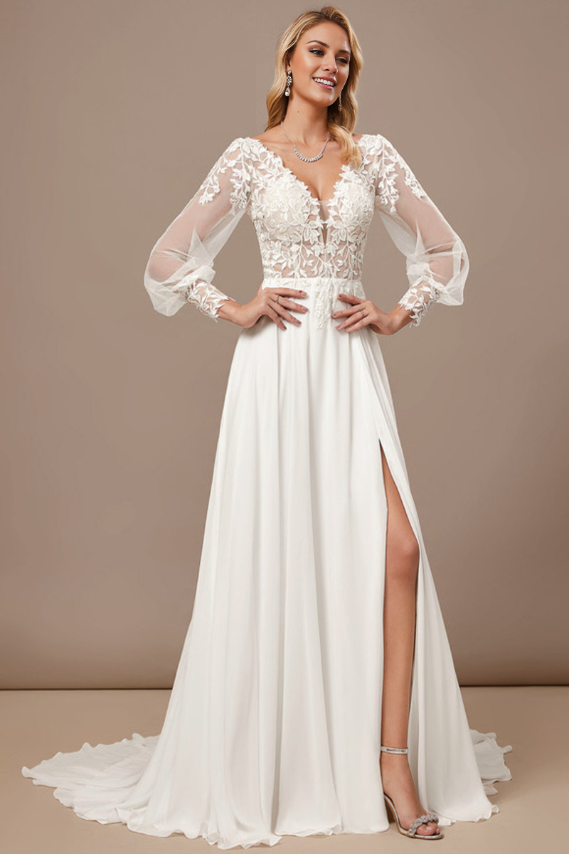 A-line V-neck palace trailing long sleeved lace chiffon wedding dress