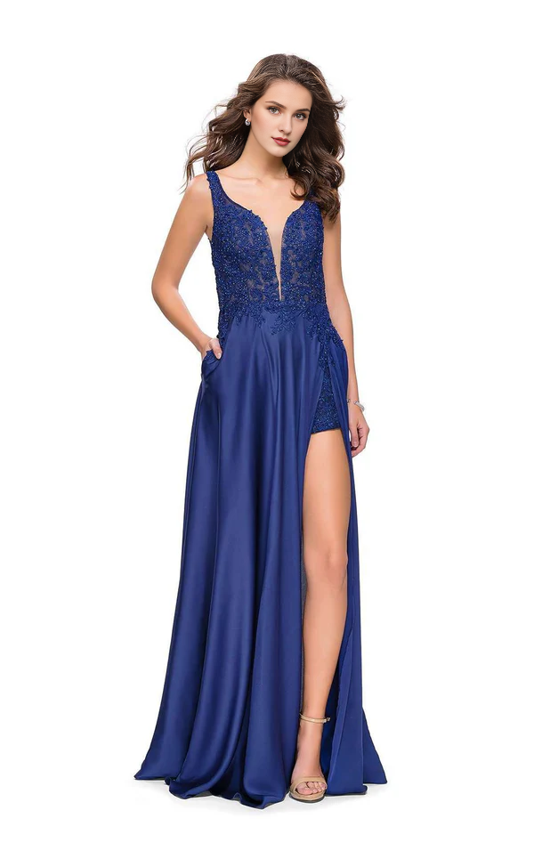 Deep V-neck lace applique sleeveless side slit and floor length evening dress