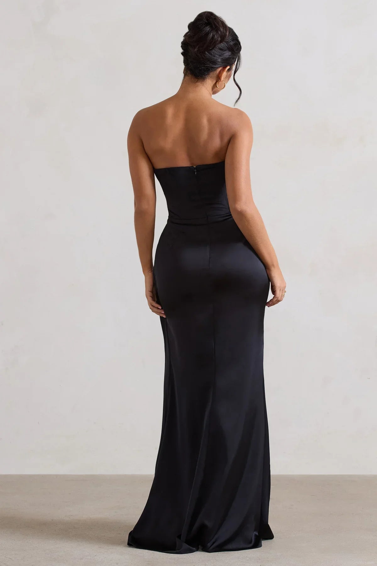 Lotus leaf edge hanging black satin strapless slit and floor length evening dress - Jimiss dress