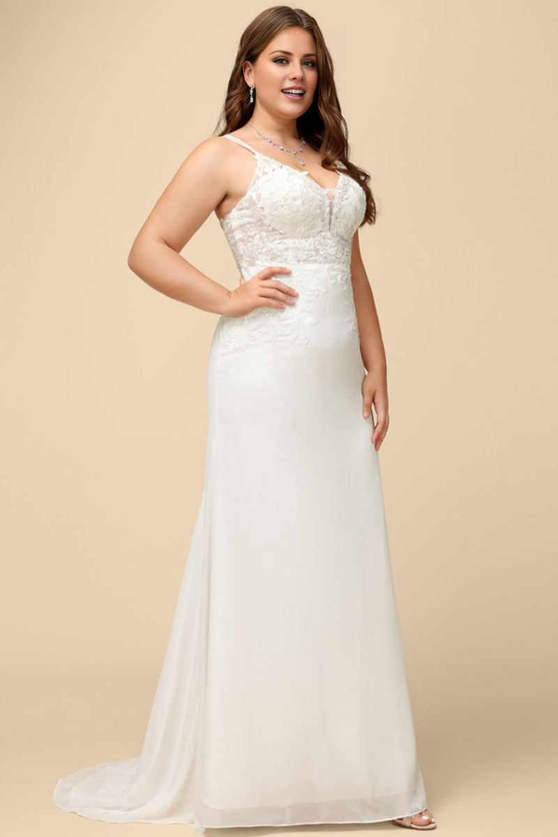 Horn/fish tail V-neck sweeping tail fine shoulder strap chiffon lace wedding dress