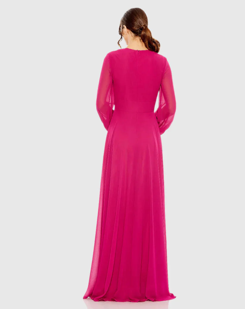 V-neck phantom long sleeve chiffon side slit floor-length evening dress