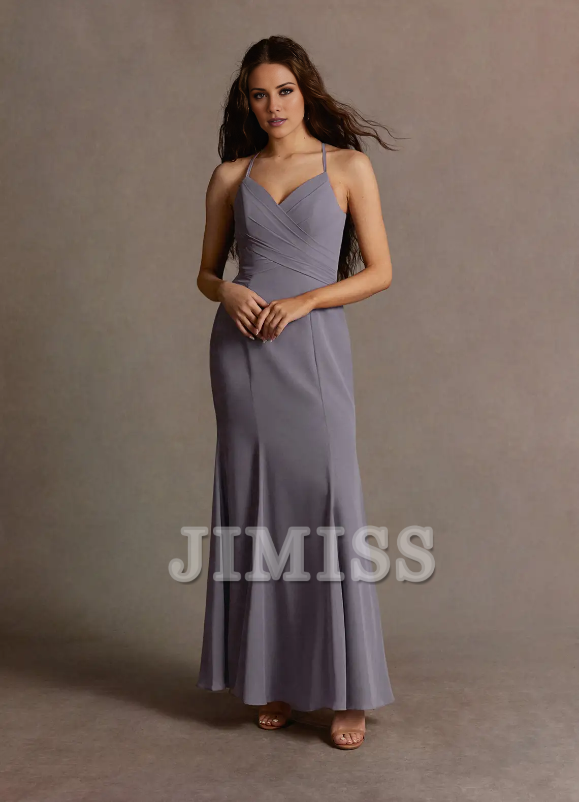 A-line hanging neck collar shoulder exposed chiffon long style evening dress