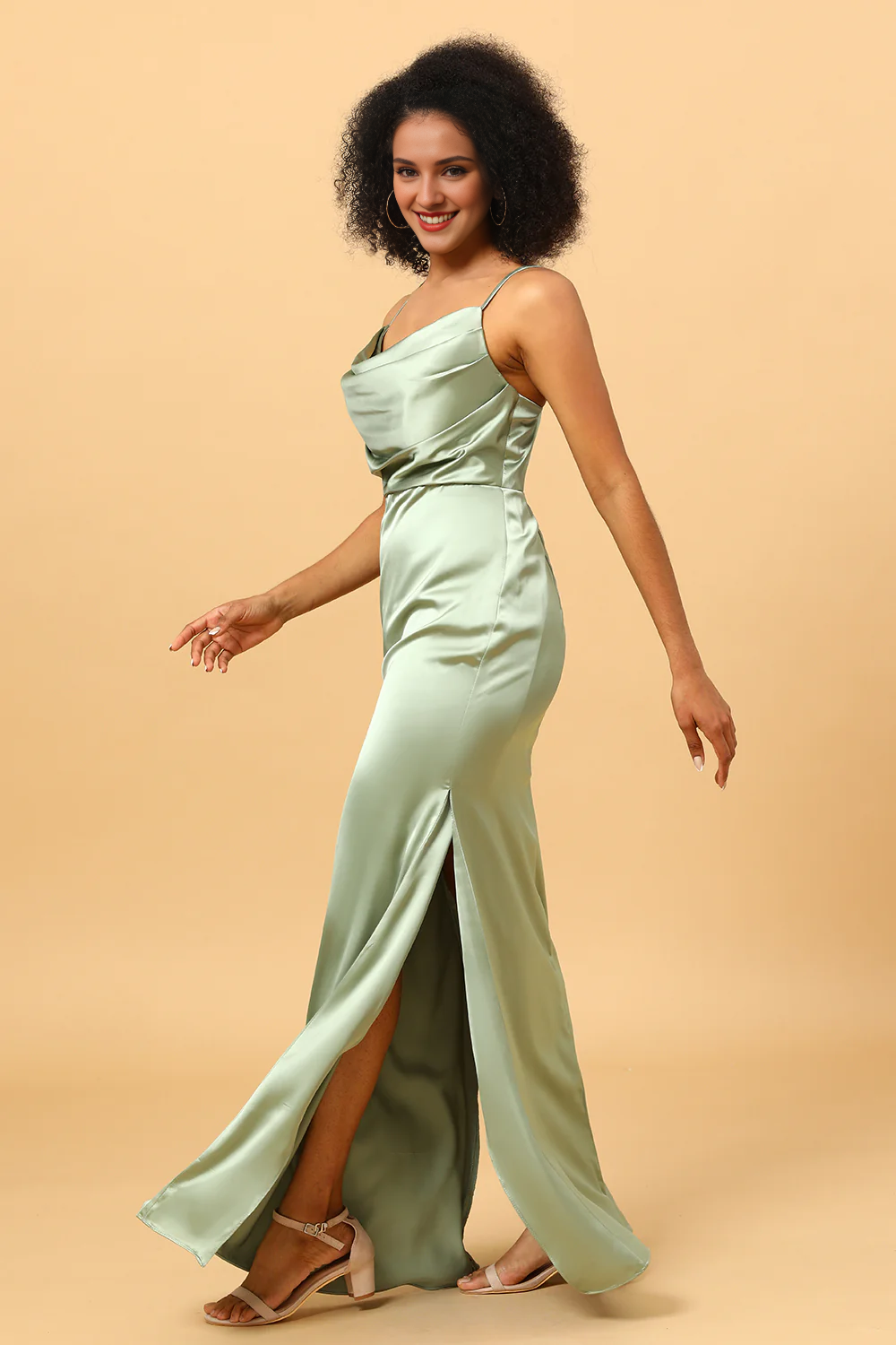 Sage fishtail neckline long satin bridesmaid dress
