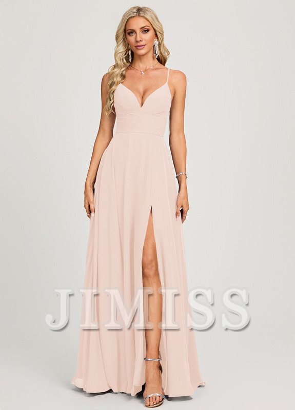 A-line V-neck pleated floor-length chiffon prom dress